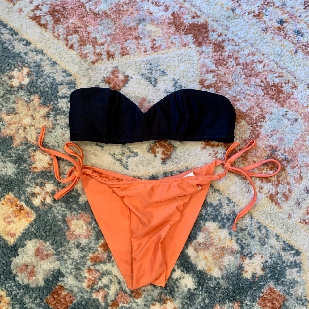 Agua De Coco Orange Tie Waist Cheeky Bikini Bottoms Black Strapless Top Small - Picture 1 of 6